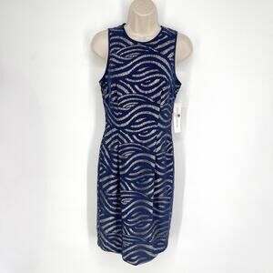 Maggy London NEW Swirl Lace Overlay Sheath Dress Sz 6 True Navy Lined Sleeveless